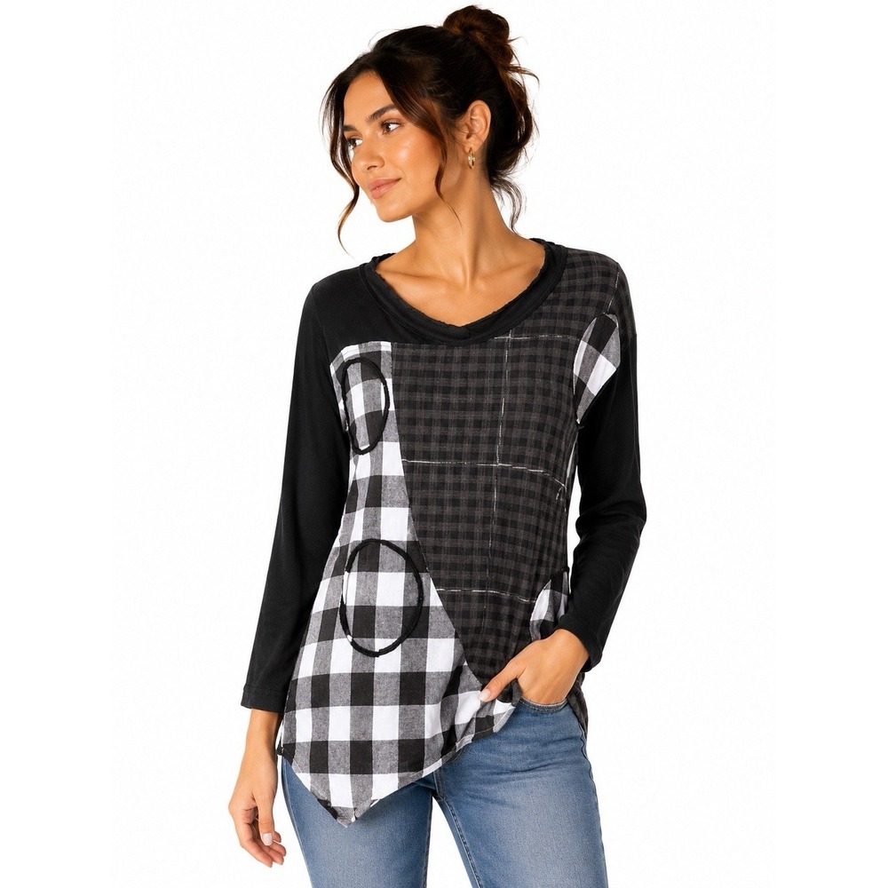 Redwood Court Black White Plaid Patchwork Tunic Asymmetrical Artsy Large